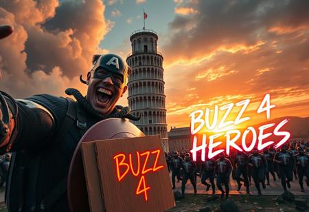 Marvel icons, Captain America and Venom, are caught in a high-energy selfie in front of the Leaning Tower of Pisa during an intense, action-packed moment. Captain America, with his iconic shield strapped to his back, holds a vintage Kodak MC3 camera, perfectly capturing the scene. Venom strikes a chaotic pose, his tendrils playfully wrapped around Cap, as they both grin for the shot. In the background, a massive Sion army emerges from swirling dust clouds, their dark, futuristic armor reflecting the dim light of the setting sun, which casts dramatic shadows over the Leaning Tower of Pisa.
In the foreground, a neon, graffiti-styled cardboard sign reads ‘BUZZ 4 HEROES,’ glowing with holographic effects, as if the moment were part of a larger, dangerous mission. The tower leans ominously under a fiery sunset sky, while the Sion army advances, adding a sense of impending danger to this wild yet thrilling superhero adventure frozen in time