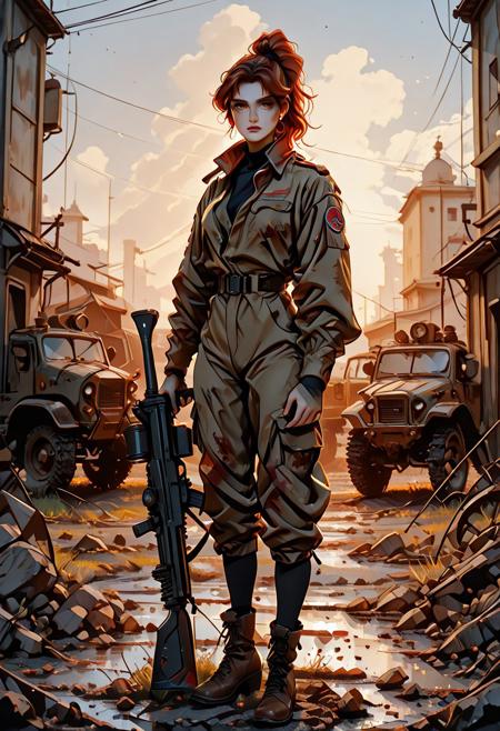 masterpiece, Shinkaistyle,
pinkretroanime, retro art,
Cyberpunk Style, cyberpunk, science fiction, hi tech, future tech, neon, (Cybernetics:1.25), (Neon Cityscape:1.4), (lineless:1.5), smooth edges, (lighten the face:1.5), tall body, slender body, fit body, long legs,  masterpiece, UHD, 8K, high res, high detailed, best quality, amazing quality,
(Digital illustration, side view, Jakub Rozalski style, post-apocalyptic battlefield, painterly realism)
A lone female soldier stands guard amid a war-torn field, her back to the viewer. She wears a weathered military uniform—jacket, boots, cap—with a rifle slung over her shoulder and her hair tied in a tight ponytail. Her stance is calm yet resolute, framed against the chaos.
In the foreground, a tiger crouches low in the grass, its gaze fixed on the smoky horizon. Behind her, a massive armored vehicle looms—rusted, mechanical, adorned with faded red crosses on its turret—its machine gun raised above the barbed wire-laced field.
Scattered debris and distant figures shrouded in fog complete the scene, while dark trees line the edges of the smoky, desaturated background.
(Muted earth tones, cinematic haze, painterly brushwork, high narrative tension, moody atmosphere)
The artist’s signature marks the corner, grounding the piece with personal authorship.