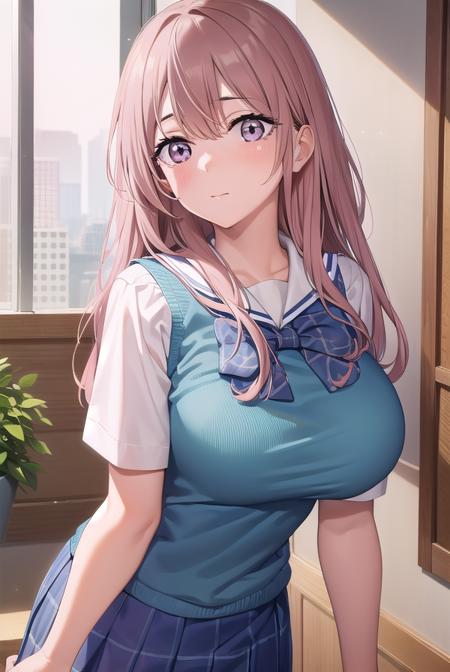 shinjuinui, <lyco:shinjuinuis1-lyco-nochekaiser:1>, 
shinju inui, long hair, pink hair, (pink eyes:1.5), (large breasts:1.2),
BREAK skirt, shirt, bow, school uniform, white shirt, short sleeves, pleated skirt, serafuku, bowtie, sailor collar, vest, blue skirt, sweater vest,
BREAK indoors, classroom,
BREAK looking at viewer, (cowboy shot:1.5),
BREAK <lyco:GoodHands-beta2:1>, (masterpiece:1.2), best quality, high resolution, unity 8k wallpaper, (illustration:0.8), (beautiful detailed eyes:1.6), extremely detailed face, perfect lighting, extremely detailed CG, (perfect hands, perfect anatomy),