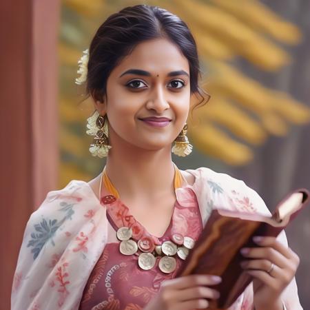 KeerthySuresh, photograph, Ancient Flemish (Woman:1.2) , Calligrapher, wearing Bright Pao with Mahogany print, Enticing hair styled as Milkmaid braid, Planet background, Sunny, Overdetailed art, Memecore Art, film grain, Canon RF, 50mm, Dota style, highly detailed, (art by Njideka Akunyili Crosby:0.9) ,  <lora:KeerthySureshSDXL:1>