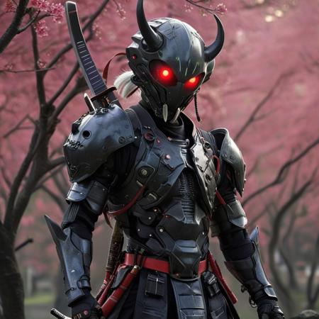 alienworld, A realistic alien Samurai holding a sword, solo, armor, 1boy, male focus, holding, dual wielding, samurai, alien helmet, horns, holding sword, japanese armor, silver skin, red eyes, full body, fighting stance, Tokio background, tokio, Sakura tree, cherry blossom tree, tree, glowing, glowing eyes, sheath, standing, gloves, teeth, japanese clothes, white hair, shoulder armor, demon, looking at viewer, alien mask, ponytail, fangs, sharp teeth, alien shape armor