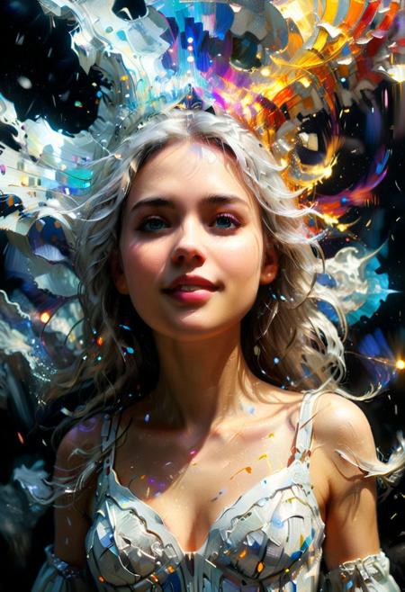 ultra detailed, sharp focus, best quality, masterpiece, colorful, avalanche, (glow:0.4), hands risen, glow from below, messy long white hair, night time, (heavy blizzard:1.6), volumetric lighting, best quality, masterpiece, intricate details
 glow, glowing silhouette, dream, dreamworld,Leo Dragonheart, white, glow,impossible figures, paradoxical art, paradox, impossible geometry, hypercube, abstract fantasy castle, Typographic art (masterpiece,best quality,niji style),Gustav Klimt,painterly,1girl,white (level difference:1.8),(Colorful rays of light colliding and merging with each other),(depth of field),1girl's side face blends with the rays of light,((side face)),(hair is rays of light:1.7),(Colorful rays of light surround the body:1.7),smile,made of rays of light,Gravity up,Bright Glow,(rays of light),Plasma state,stunningly beautiful, masterpiece, detailed background,ultra high quality model, ethereal background,abstract beauty, explosive volumetric, oil painting,heavy strokes,Romantic lighting,Sub-Surface Scatterring,lens 135mm,f1.8,glow,8k,Amidst the ghostly ectoplasm, an ethereal eyeball floats, emanating an eldritch glow. Translucent and mist-veiled, it embodies pure horror and chaotic mastery. Frozen in a uniquely dynamic postu
