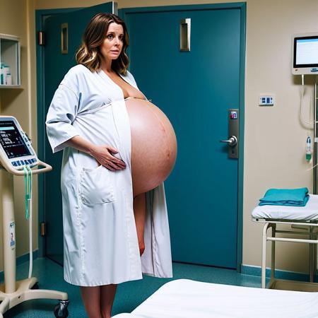 documentary scene of a white woman with a gigantic pregnant belly. She is wearing a white patient's robe in hospital, standing barefoot in her ward. Her brown hair is in a bob.