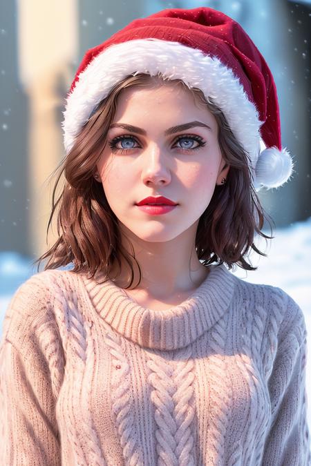 photo of a woman, alexdad:0.99, ((short hair, dark brown hair):1.2) ((christmas hat, sweater):1.2), ((closeup, portrait):1.2), ((outdoors, city, snow):1.2), ((red lipstick, eyeliner,eye shadow, blush):1.2), ((best quality, masterpiece, extreme details, high resolution):1.2),((detailed eyes, beautiful eyes, detailed face, beautiful face):1.2)