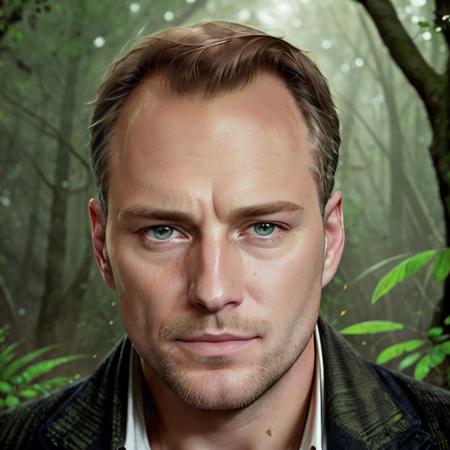 ((best quality)) portrait of a man with hairloss, high widows peak, receding hairline, thinning hair, lush forest in the background, bokeh, golden hour, award winning art by alphonse mucha and greg rutkowski <lora:Hairloss-Concept-LoRA:0.7>, (best quality),creative, Complex, hyper realistic, 8k,Unsurpassed work