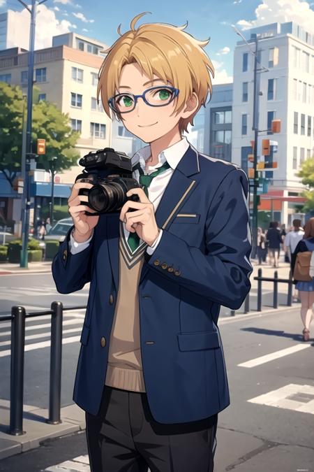 <lora:MakotoES-07:0.7>,makotoes, looking at viewer, smile, shirt, holding, school uniform, jacket, outdoors, necktie, sky, glasses, day, cloud, blazer, camera, green necktie, holding camera