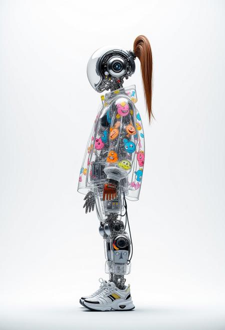 A 3D-rendered android figure stands in profile view, featuring a transparent body that reveals intricate internal mechanical components, visible wiring, and circuitry. The android wears a transparent jacket adorned with vibrant cartoon characters in blue, orange, pink, yellow, and green colors. A distinctive brown brush or ponytail attachment protrudes from the top of the android's head. The figure is positioned against a clean white background, with the mechanical elements and playful design elements clearly visible through the transparent exterior. High-resolution 3D rendering with sharp detail and studio lighting against a white background.. aidmamj6.1, anime, cyberpunk