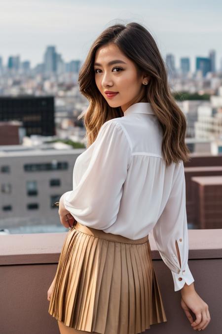 RAW photo of mackjo, portrait, Button-up blouse and pleated skirt for a summer rooftop cocktail event, (high detailed skin:1.2), 8k uhd, dslr, soft lighting, high quality, film grain, Fujifilm XT3 , <lora:mackjo:1>