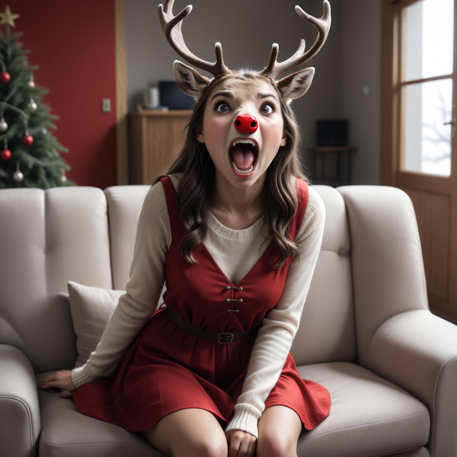 A woman wearing a reindeer antler headband sitting on the couch.