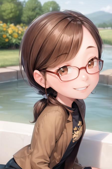 1girl, margo, brown hair, brown eyes, glasses, low ponytail, sidelocks, portrait, maountain, river, sitting, looking at viewer, smile <lora:margo:1> <lora:add_detail:0.5>