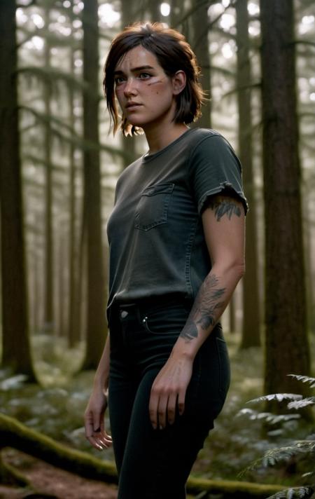 photo of ohxw, ellie, tattoo on left arm, woman, black jeans, full body, skinny, short hair, face details, forest, low key lighting, <lora:2ellie-000003:1>