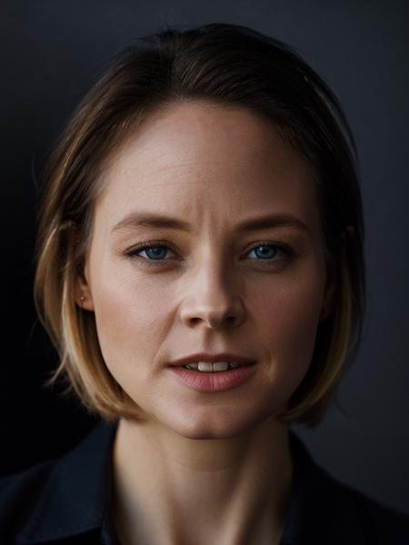 Realistic photo of a beautiful j0d13f-v2 woman, 1girl, solo, looking at viewer, short hair, blue eyes, blonde hair, simple background, shirt, upper body, parted lips, teeth, lips, black shirt, black background, realistic, soft lighting, professional Photography, Photorealistic, detailed, RAW, analog, sharp focus, 8k, HD, high quality, masterpiece<lora:j0d13f-v2:1.0>