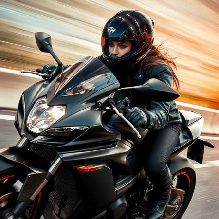 The woman leans into the speed, gripping the handlebars with precision. Her helmet is a sleek, glossy black with aerodynamic curves, a tinted visor mirroring the rushing world around her. The motorcycle, a roaring sportbike, gleams under the light, its frame sharp and streamlined, built for velocity. Tires hug the road, the powerful engine growling as she accelerates. The blurred background melts into streaks of color, creating the illusion of endless motion. Wind whips past her, tugging at her jacket, adding to the sensation of flight. Light reflections dance along the polished bodywork, highlighting its aggressive design. The entire image pulses with energy, capturing the raw thrill of speed and control.