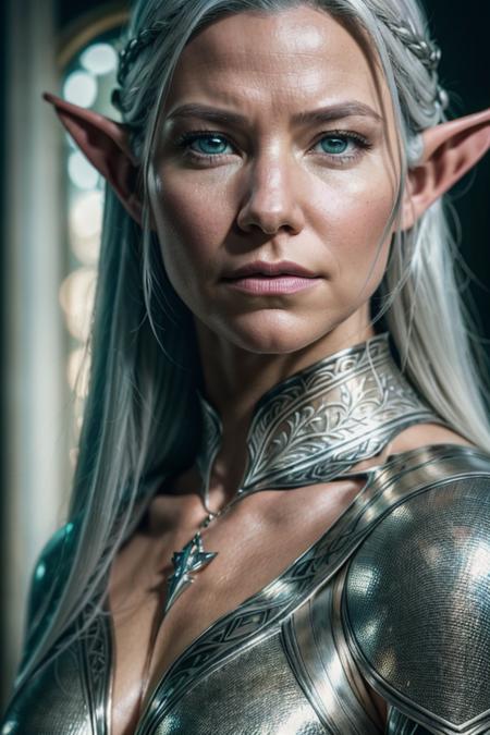 (detailed face, detailed eyes, clear skin, clear eyes), lotr, fantasy, elf, female, silver hair, looking at viewer, portrait, photography, detailed skin, realistic, photo-realistic, 8k, highly detailed, full length frame, High detail RAW color art, piercing, diffused soft lighting, shallow depth of field, sharp focus, hyperrealism, cinematic lighting, film grain, Evangeline Lilly