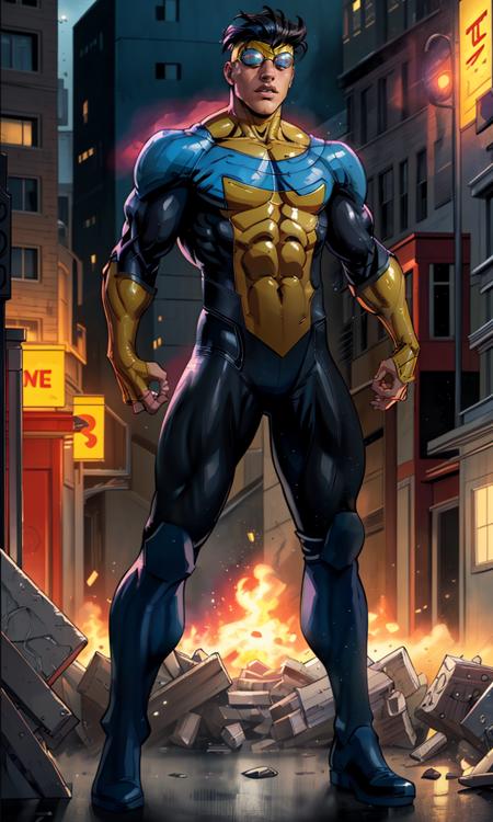 Invincible2023, photorealistic, 8k, uhd, best quality, masterpiece, best quality, 1boy, 5 fingers, trending on arstation, goggles, depth of field, comic book cover, heroic pose, full body, downtown, battle, cinematic lighting