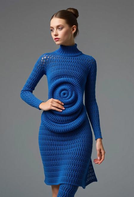 (nubile young woman:1.3), wearing (blue spirograph-knit dress:1.6), (graceful spiral composition:1.5), (interwoven spirals forming layered fabric:1.4), (densely knit at core:1.4), (breathable edges with subtle skin reveal:1.2), (flowing, modest design:1.3), (smooth gradient from center to hem), (light fabric motion in wind:1.2), (structured elegance:1.4), (soft highlights on fabric curves), (minimal accessories), (gallery setting), (organic symmetry in spiral layout:1.2), (bulkiness or heaviness:-1.5), (disproportionate structure:-1.4), (blurry details:-1.3), (grayish tones:-1.2), (flat textures:-1.2), (photorealism:-1.5)