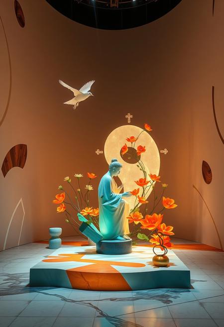 A high-resolution stock photo depicting a creative light art installation of a space of prayer, featuring a polished modernist sculpture, mathematical logic, intense mood, birds and flowers, high contrast, bold stylized characters, loose dynamic brushwork, warm terracotta and cool teal colors, artistic lighting, abstract patterns, and professional quality.