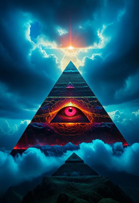 mountain, surreal, dark and moody , bright colored all seeing eye pyramid made of rp_slgd, film grain, high quality, dramatic ,poster, horror story style,  (clouds at the base of the pyramid)