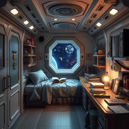 the starting room, with minimal decoration ,of an  apprentice magician, in a spaceship, looking like a cubicle, a small comfortable bed, some jewels cracked open on the workbench, piles of books, AI interactions on the small window to space