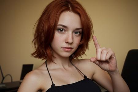 cute, slim, french bob copper hair, redhead girl, showing a gesture with her hand, intricate details, cinematic lighting, perfect shading, realistic, white shoes