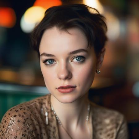 <lora:esme_sdxl:1> esme,, a close up portrait photo of 26 y.o woman, Sassy Undercut Pixie   pale skin, detailed skin, tan, (freckles:.5), sitting, face closeup, 70s clothing, vintage coffee shop,  chiaroscuro lighting, eye level, shot on large format, Fujicolor Pro, bokeh, in style of Miles Aldridge