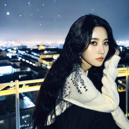 (soyeon:1.4), woman (soyeon) watching a starry night on a rooftop, (smirk), hair volume, black hair, ((eyeliner)), 8k, detailed photo, rural city in the background, stars, perfect sky at night, dark night, dark sky, stars, perfect black eyes, <lora:soyeon_v10:0.9>, <lora:add-detail-xl:3.0>