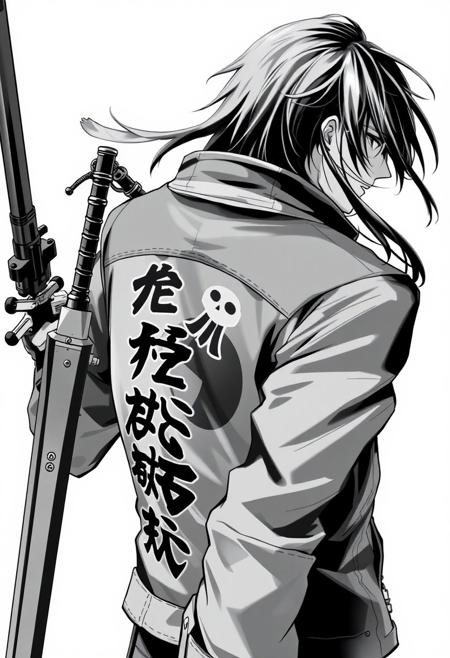 assassinkahb style, a black and white photo of an assassin wearing a motorcycle jacket with japanese writing on the back, solo, simple background, 1boy, white background, jacket, monochrome, upper body, greyscale, male focus, long hair in wind, weapon, clothes writing, skull, skeleton, japanese flag