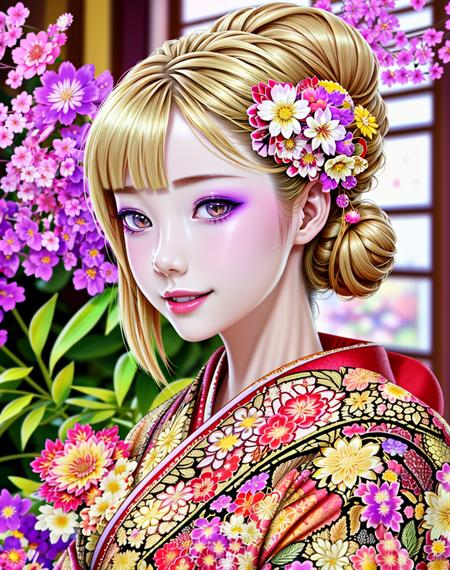 4K, Masterpiece, highres, absurdres,natural volumetric lighting and best shadows, deep depth of field, sharp focus, soft delicate beautiful attractive face,vandread,blonde Nadia, smiling, vandread drawing style,
1girl, solo, hair ornament, upper body, flower, japanese clothes, hair flower, kimono, hair bun, blurry, lips, blurry background, floral print, realistic, red kimono, with a edgJapan haircut,
<lora:Dita:0.25> <lora:Nadia:0.35> <lora:zeronis:1> <lora:edgJapan:1>