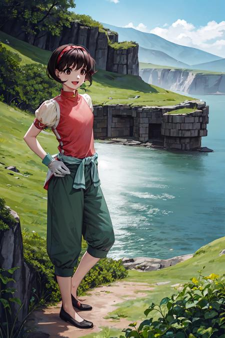 <lora:nanami_suikoden_face:0.77>, 1girl, solo, short hair, brown hair, ((masterpiece)), (best quality), 1girl, alone, bridge, grass, focused, close angle, grabbing, smile, detailed, anime, brown eyes, gloves, hairband, hand on hip, open mouth, standing, shoes, pants, short sleeves, puffy sleeves, black hair, flats, holding, :d, puffy pants, capri pants, puffy short sleeves, ribbon, no socks, shirt, chinese clothes, wristband, bangs, hair ribbon, baggy pants, staff, white gloves, black footwear, colorful, green pants, green belt,  from behind, full body, standing, cliff, mountain, ocean,  looking away, looking at another, looking to the side, Nunchaku, stone castle middle ocean