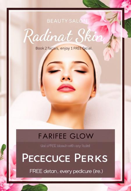 Design a Ad poster for a beauty salon with the following content,
Radiant Skin: Book 2 facials, enjoy 1 FREE facial!
Facial Glow: Get a FREE bleach with any facial.
Pedicure Perks: FREE detan with every pedicure.