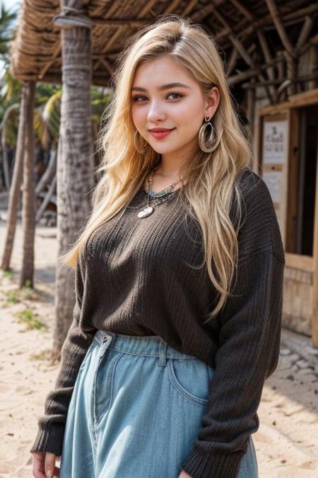 raw photo, (tall 27 year old women:1.1, huge tits, blonde, curvy and voluptuous body type), fashion necklace, fashion earrings, realistic skin texture, (red:0.8), warm lighting, cosy atmosphere, instagram style, onlyfans, looking at camera seductively, casual, candid, daytime shot on a beach in tulum, authentic happy face, beautiful anatomy, 4k, beautiful face, curvy weight, sfw, beautiful hands and fingers, bokeh, breasts not showing, wearing retro 80s-inspired outfit with neon colors and bold patterns