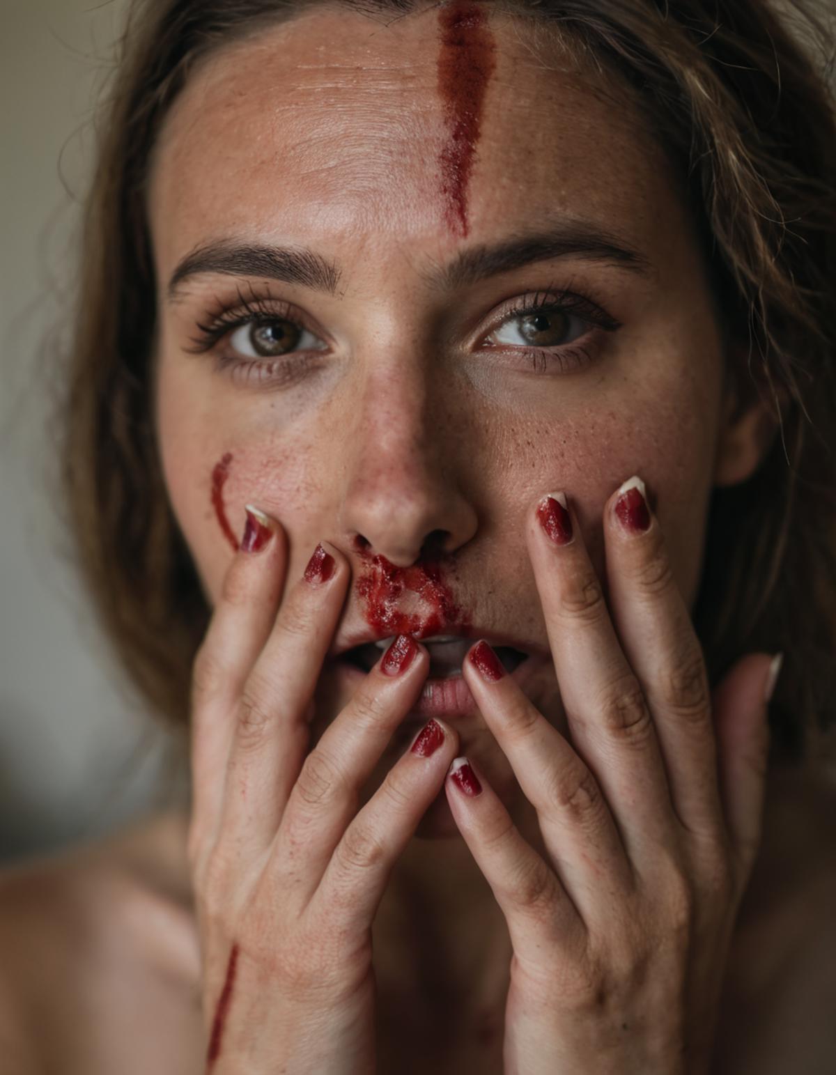 A woman with blood on her cheek and red nail polish on her fingers.