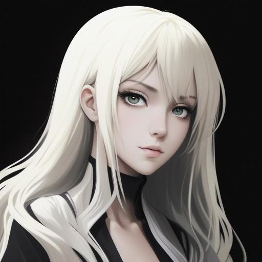 A white blonde girl. Anime style.
Black background. 
epic.