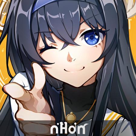 <lora:Honkai 3rd app icon:0.8>, honkai 3rd, looking at viewer, smile, simple background, closed mouth, one eye closed, pointing, yellow background, index finger raised, orange background, pointing at viewer, finger gun, (masterpiece, best quality:1), 1girl, solo, bags under eyes, bangs, black hair, blue eyes, halo, blue hairband, brown cardigan, long hair, white serafuku, white skirt, <lora:KozekiUiBlueArchive_10:0.8>