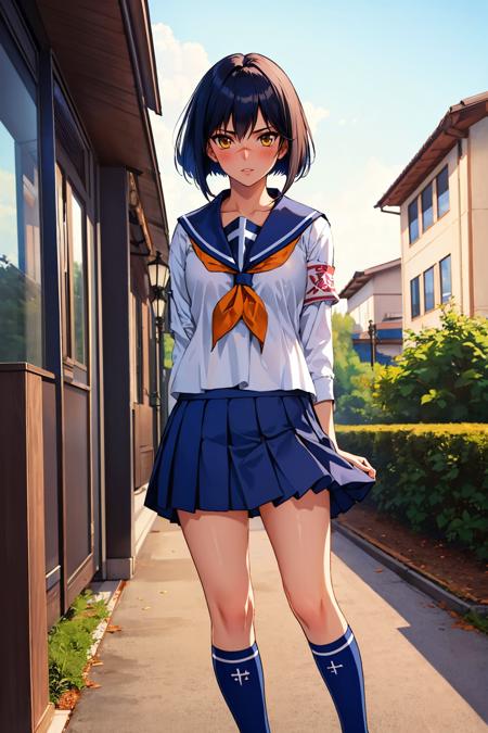 masterpiece, best quality, tsumura tokiko, serafuku, pleated skirt, scar, socks, loafers, school exterior, schoolhouse, looking at viewer, surprised <lora:tokiko-nvwls-v1-000011:0.9>