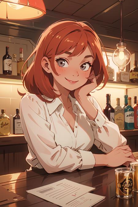 a close up photo of a 20 year old french woman in a blouse at a bar, seductive smile, ginger hair, cinematic light, film still,