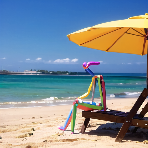 openposeman, stick man, sitting, beach, sea, parasol,  <lora:openposeman-AL-000005:1>