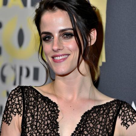 beautiful photo of kristen stewart wearing a lowcut black lace dress, indoors at movie awards, black lace bodice, attractive, twenties, dramatic lighting,  ultraskin, good looking, pixma, canon, nikon, kodak, pretty, beautiful, skin detail, twenty-years-old, kristen stewart