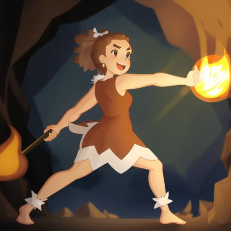 Zazzalil, full body, "sleeveless brown dress", bare arms, forehead, v eyebrows, <lora:Zazzalil-06:1>, holding torch, dancing, cave