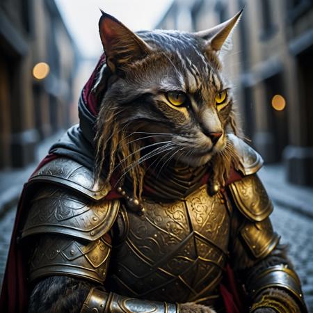 highly detailed analog photo of tabaxi, 

solo, yellow eyes, cape, armor, depth of field, shoulder armor, pauldrons, breastplate, looking at viewer, blurry, blurry background, realistic:1.3, medieval alley


masterpiece, best quality:1.1, 

depth of field:1.1, 
(analog photography:1.2),


