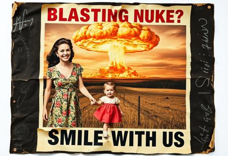 “A decayed, vintage-style poster from 1957, weathered and torn, depicting a surreal American country scene. The faded image shows a woman in a floral-patterned 1950s dress holding her young daughter’s hand, her wide, mad smile radiating an eerie charm. In the far background, a massive nuclear mushroom cloud dominates the sky, with fiery orange fireballs at its base and visible blast waves rippling through the landscape. The poster’s bold text, ‘BLASTING NUKE?’ across the upper section and ‘SMILE WITH US’ in the lower section, is faded, smeared, and inked with scribbles and stains. The paper appears rotten, with tears, creases, and discolored edges, evoking a haunting sense of abandonment and decay, adding to the unsettling atmosphere of the piece.”