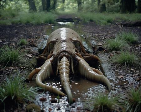 (daiton:1.2), giant, cinematic, still frame, dino, 4k, high resolution, in a dark creepy abandoned grave, wet, by william eggleston, closeup, flash photography, dolly zoom