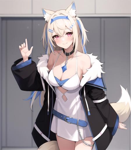 task(9nmn948k0ph1c1k)  <lora:Fuwawa Rev 1:0.7> solo, Fuwawa, smile, Long hair, Blue highlights, Blonde Hair, Red Eyes, large breasts, Dog Ears, large breasts, animal ears, long hair, breasts, tail, solo, virtual youtuber, blonde hair, hair ornament, dress, hairclip, smile, looking at viewer, jacket, animal ear fluff, white dress, collar, cleavage, multicolored hair, bangs, hairband, long sleeves, very long hair, medium breasts, blush, clothing cutout, open jacket, chain, red eyes, purple eyes, open clothes, black collar, pink eyes, blue hair, cat ears, choker, two-tone hair, eyebrows visible through hair, fox girl, white jacket, streaked hair, bare shoulders, fox ears, white hair, hair between eyes, hand up, shirt