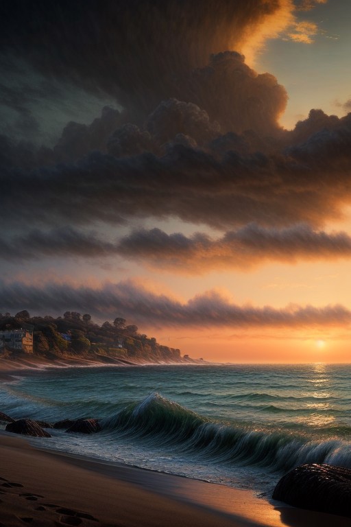 Dramatic clouds rolling in from the sea, casting shadows over a beach at sunrise, vibrant hues of orange painting the sky, hyperrealistic landscape, cinematic lighting, detailed textures, masterpiece digital painting by Ivan Aivazovsky and Claude Monet, 8k resolution, tranquil atmosphere, beautiful scenery.