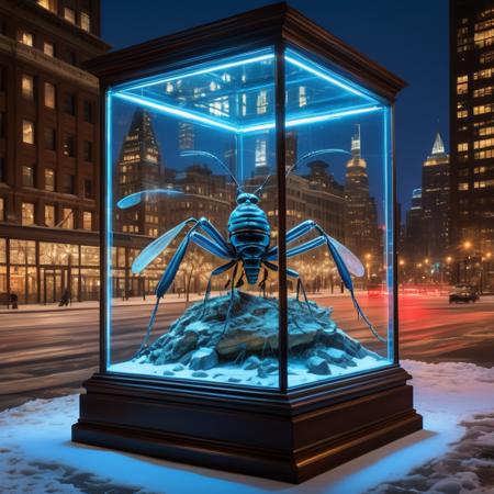 a large and exquisite glass display case in the middle of the city, containing an large insect in winter, Forked-Tailed, neon lighting, cityscape,luxurious, fantastical and mesmerizing,Three-point lighting,art by thomas eakins and dave dorman