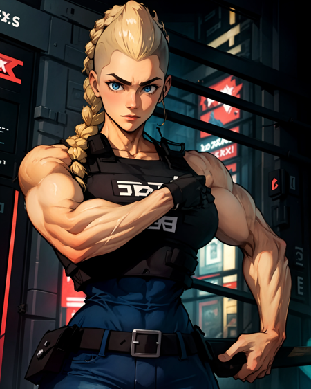 EstelSR4 police uniform, vest blonde hair, single braid, blue eyes, muscular female