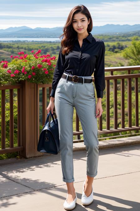 1 woman, detailed, realistic, standing, full body shot, scenic view, noon
<lora:Shirt Pants by Stable Yogi:0.5>black shirt, long sleeves, pants belt, bag, slippers