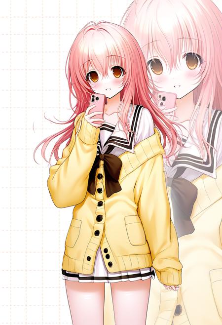 mukou aoi messy hair pink hair yellow cardigan