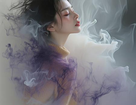 windswept brunette, alabaster skin, fractured by crystalline sugar highlights, swirling inky chaos, yellow wool jumper against liquid gloss.
Impasto oil textures; molten sugar crystallizes on her collarbone. mist clings to her silhouette, dissolving into fractal patterns.
Suspended ink droplets — crushed lavender-red streaks.
Bruise-toned gradients clash with ethereal pastels, depth amplified by anamorphic lens distortion. volatile metamorphosis.
