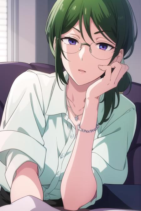 hanakokoyanagi, <lyco:hanakokoyanagi-lyco-nochekaiser:1>,
hanako koyanagi, green hair, low ponytail, (purple eyes:1.1), glasses,
BREAK skirt, shirt, necklace, office lady,
BREAK looking at viewer,
BREAK indoors,
BREAK <lora:GoodHands-vanilla:1>, (masterpiece:1.2), best quality, high resolution, unity 8k wallpaper, (illustration:0.8), (beautiful detailed eyes:1.6), extremely detailed face, perfect lighting, extremely detailed CG, (perfect hands, perfect anatomy),